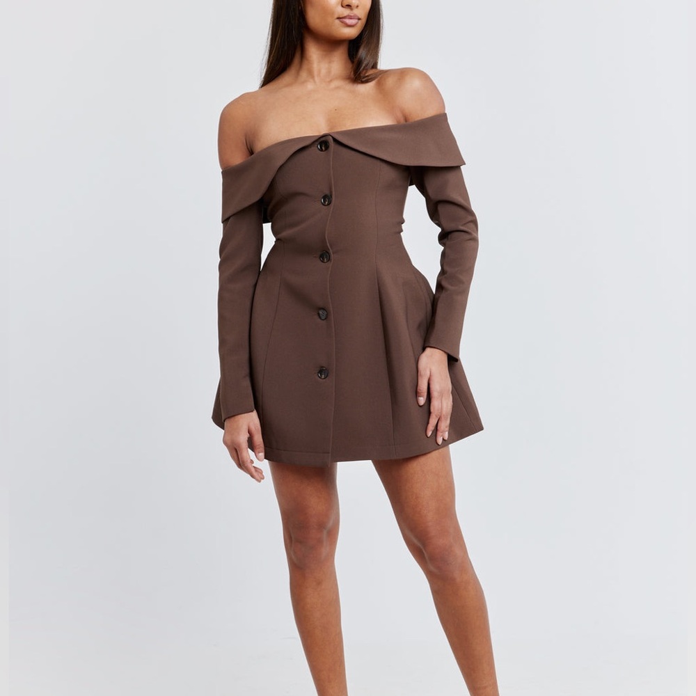 Odd Muse The Ultimate Muse Button Up off shoulder long sleeve Mini Dress Brown - Picture 2 of 9
